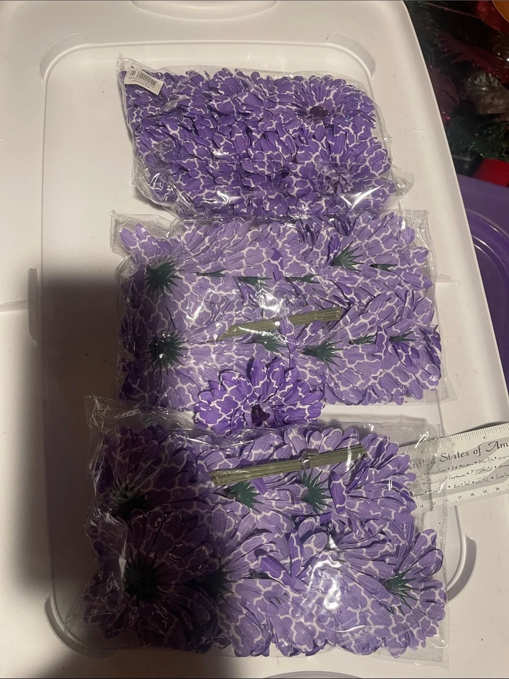 Purple & White Floral Fabric Flowers diy 3 dozen large crafts rhinestone Center